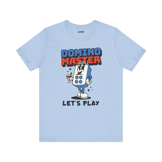 A blue t-shirt with a vintage-style domino character and the text 'DOMINO MASTER LET'S PLAY' printed on the front.