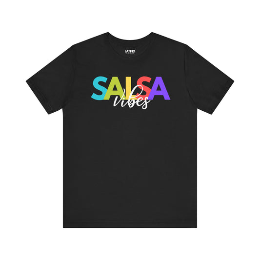Black crew neck t-shirt with the text 'SALSA VIBES' printed in multicolored letters across the chest.