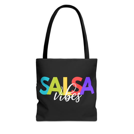 A black tote bag with 'SALSA Vibes' printed in multi-colored letters on the side.