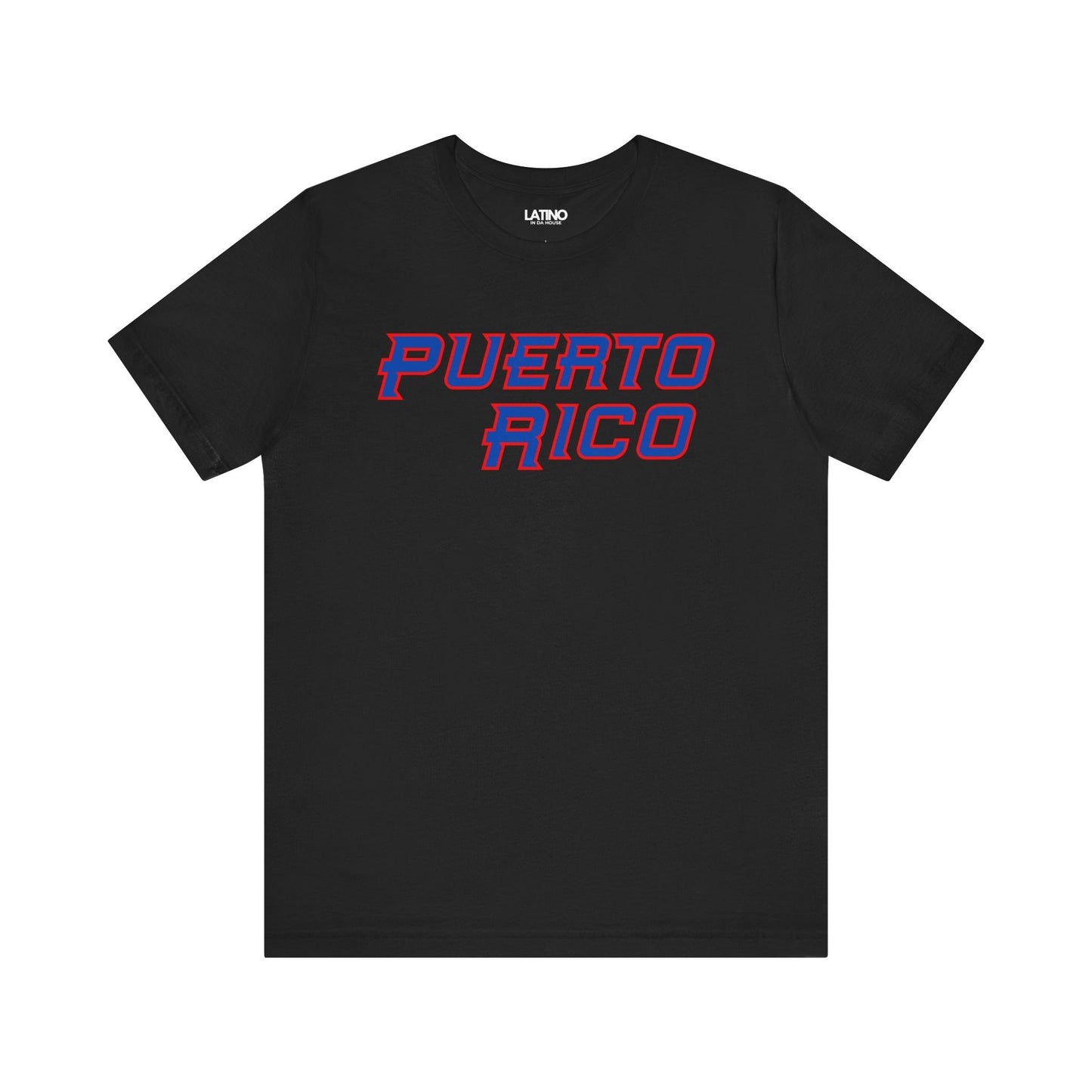 A black crew neck t-shirt with 'PUERTO RICO' text in bold, baseball-inspired lettering in red and blue colors.