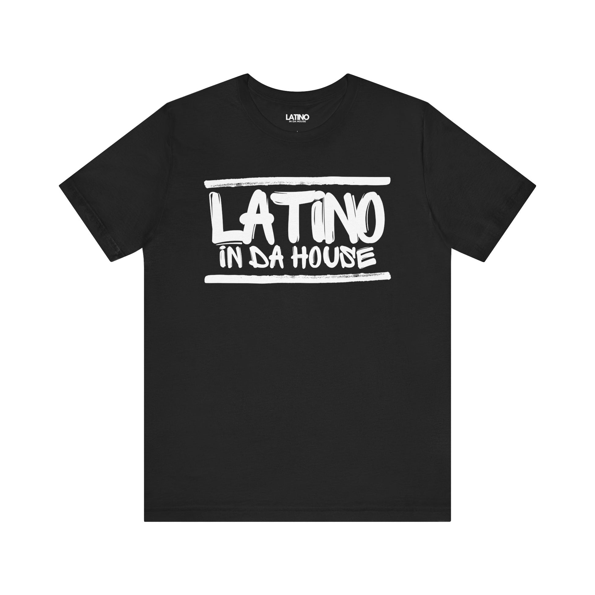 Black t-shirt with 'LATINO IN DA HOUSE' text on a white background