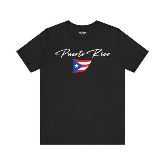 Black crew neck t-shirt with 'Puerto Rico' text and the Puerto Rican flag in a stylized script design on the front.