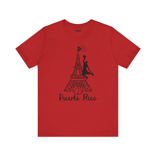 A red crew neck t-shirt with a graphic print of a basketball player, the Eiffel Tower, and the Puerto Rican flag.