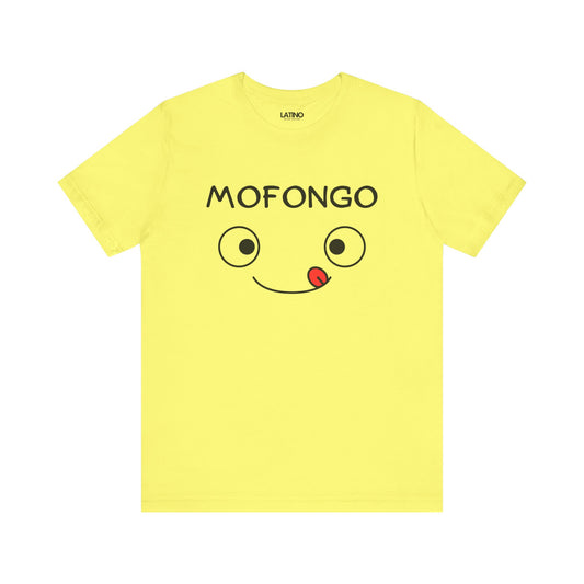 A yellow crew neck t-shirt with the text 'MOFONGO' and a smiling face illustration.