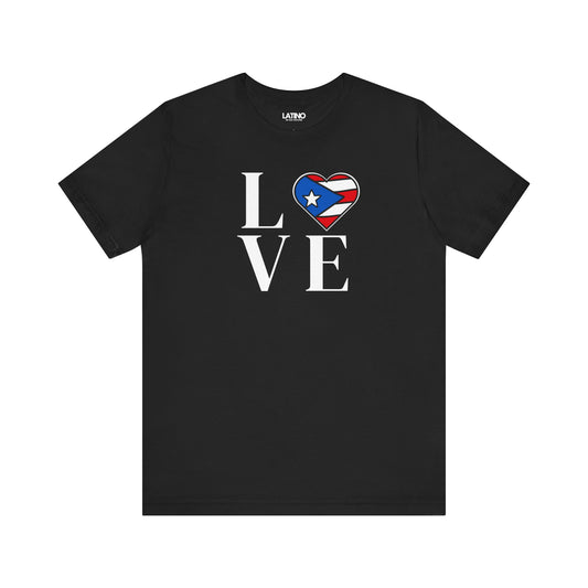 Black t-shirt with the text 'LOVE' and the Puerto Rican flag in the shape of a heart, printed on the front.