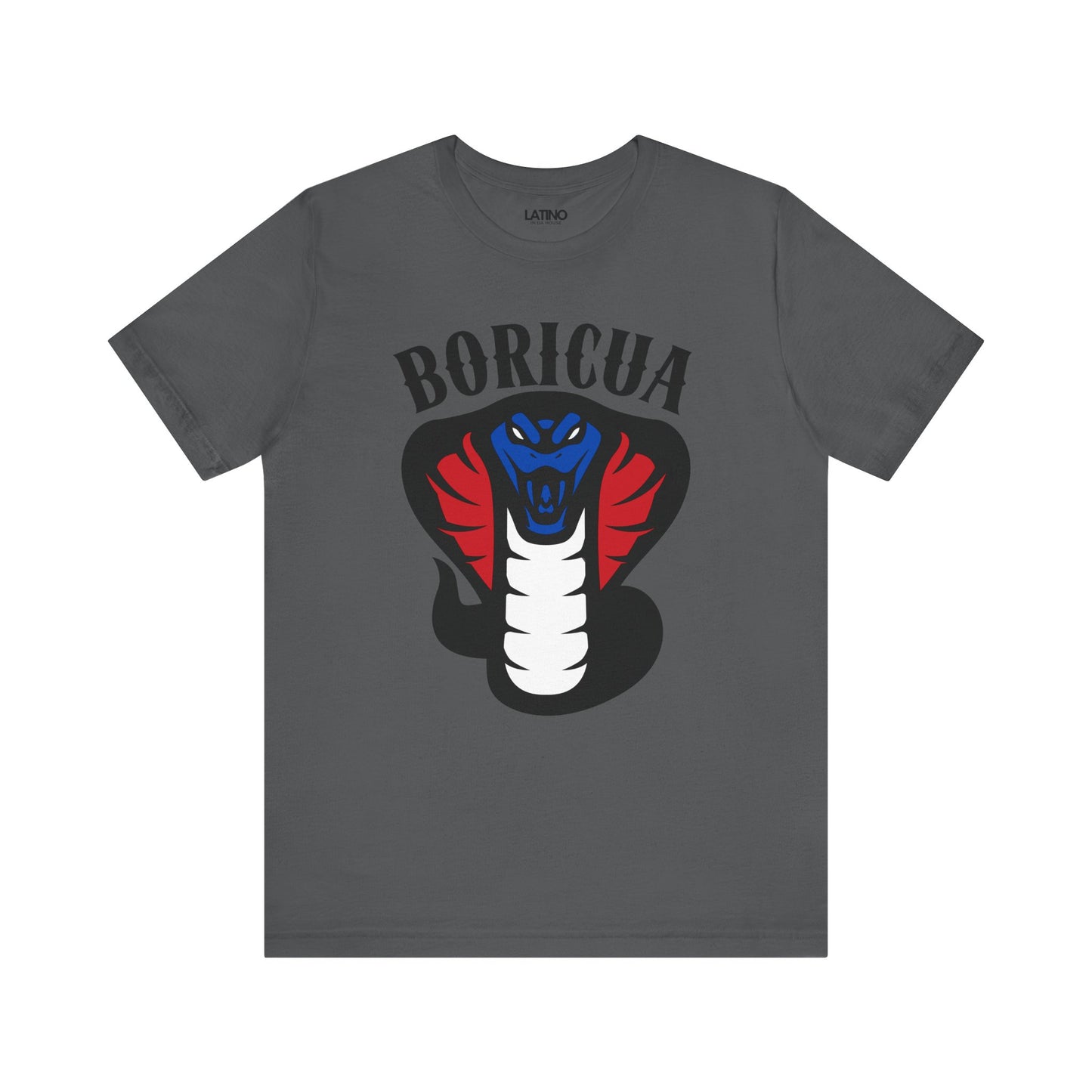 A gray t-shirt with a graphic print of a cobra in red, white, and blue, and the text 'BORICUA' above it.