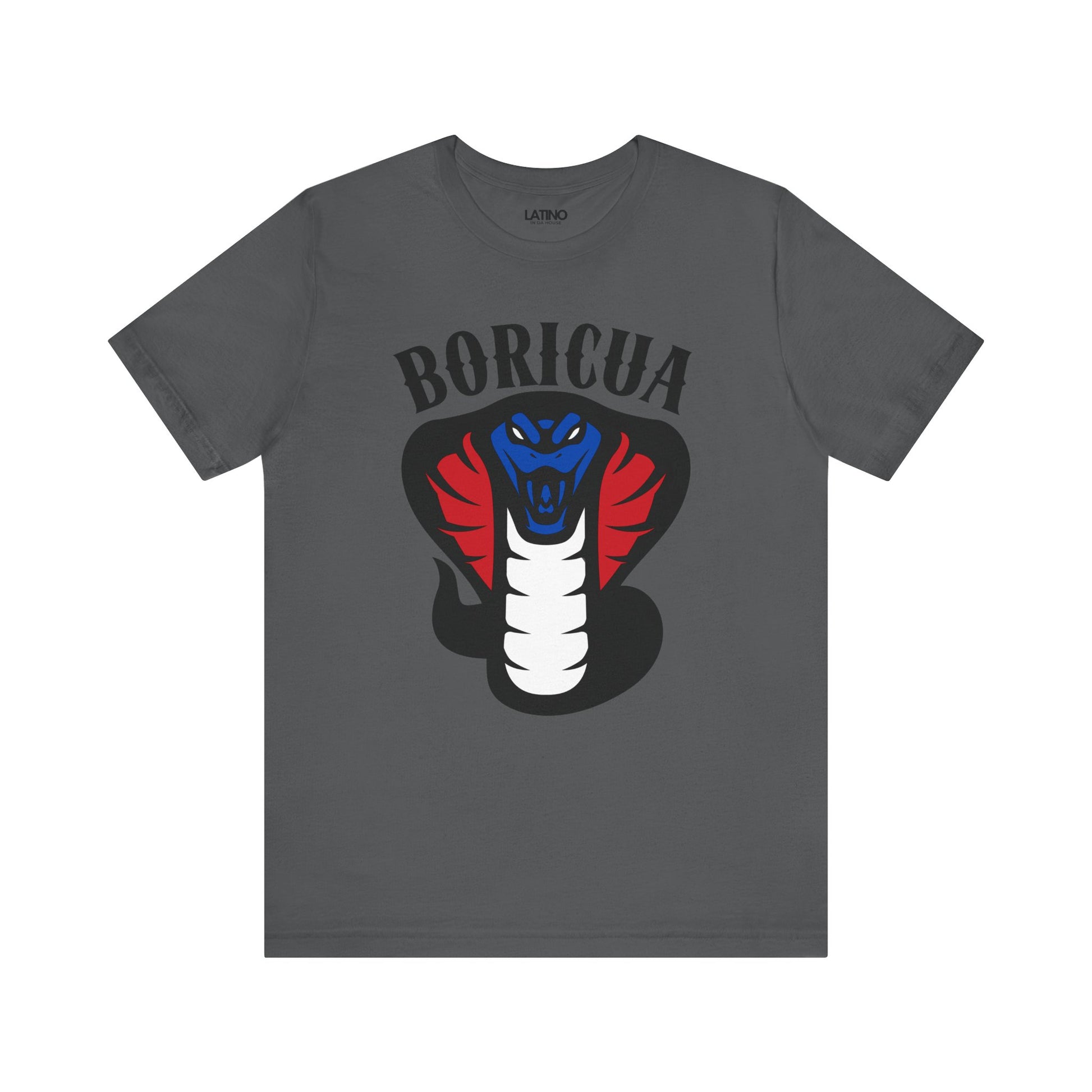 A gray t-shirt with a graphic print of a cobra in red, white, and blue, and the text 'BORICUA' above it.