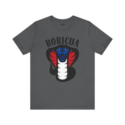 A gray t-shirt with a graphic print of a cobra in red, white, and blue, and the text 'BORICUA' above it.