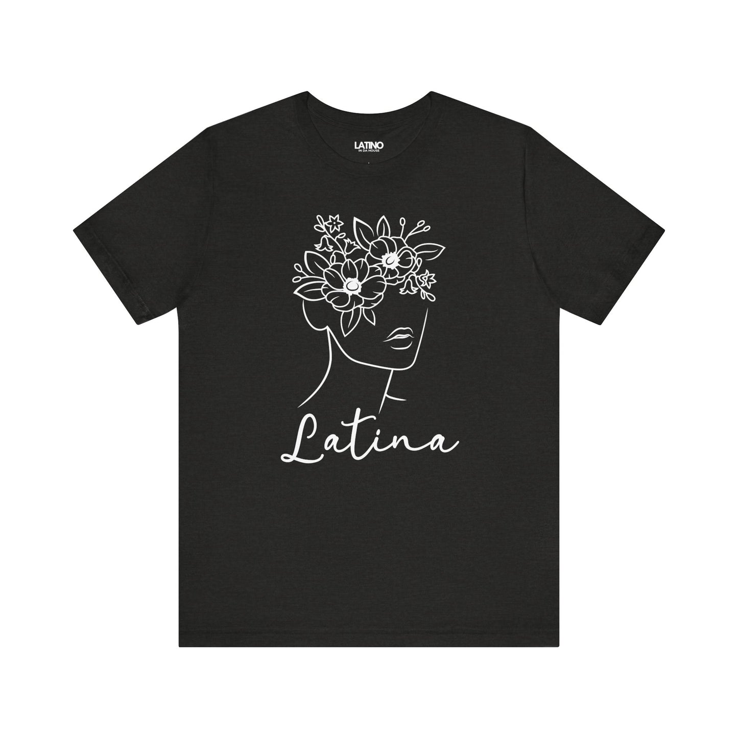 Black heather t-shirt with a graphic of a woman's face with flowers and the word 'Latina' written across the front.