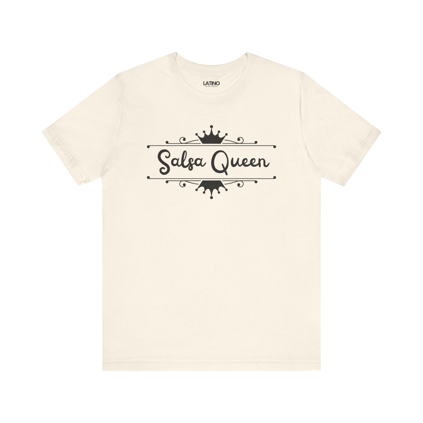 A white t-shirt with the text 'Salsa Queen' printed in bold black letters, featuring an elegant crown graphic above the text.