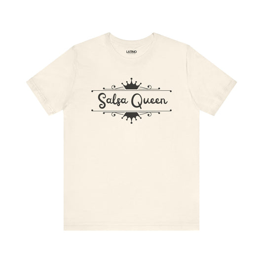A white t-shirt with the text 'Salsa Queen' printed in bold black letters, featuring an elegant crown graphic above the text.