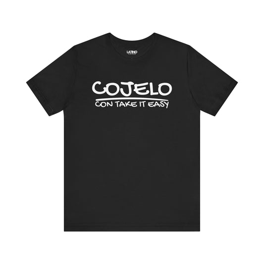 Black crew neck t-shirt with the text 'COJELO CON TAKE IT EASY' printed in white.