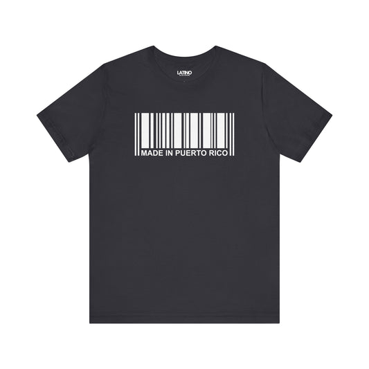 A black crew neck t-shirt with the text 'MADE IN PUERTO RICO' and a barcode design in white on the front.