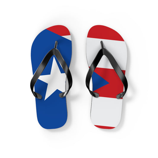 A pair of flip flops featuring the design of the Puerto Rican flag.