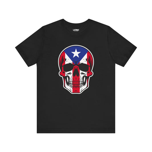 Black t-shirt with a skull design featuring the Puerto Rican flag on a white background