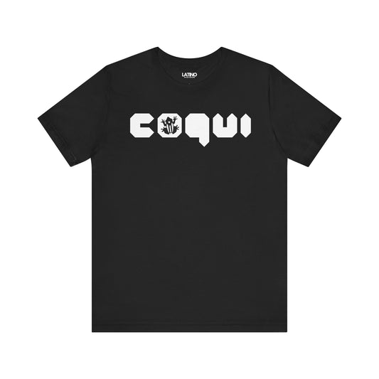 Black t-shirt with 'COQUI' logo on a white background