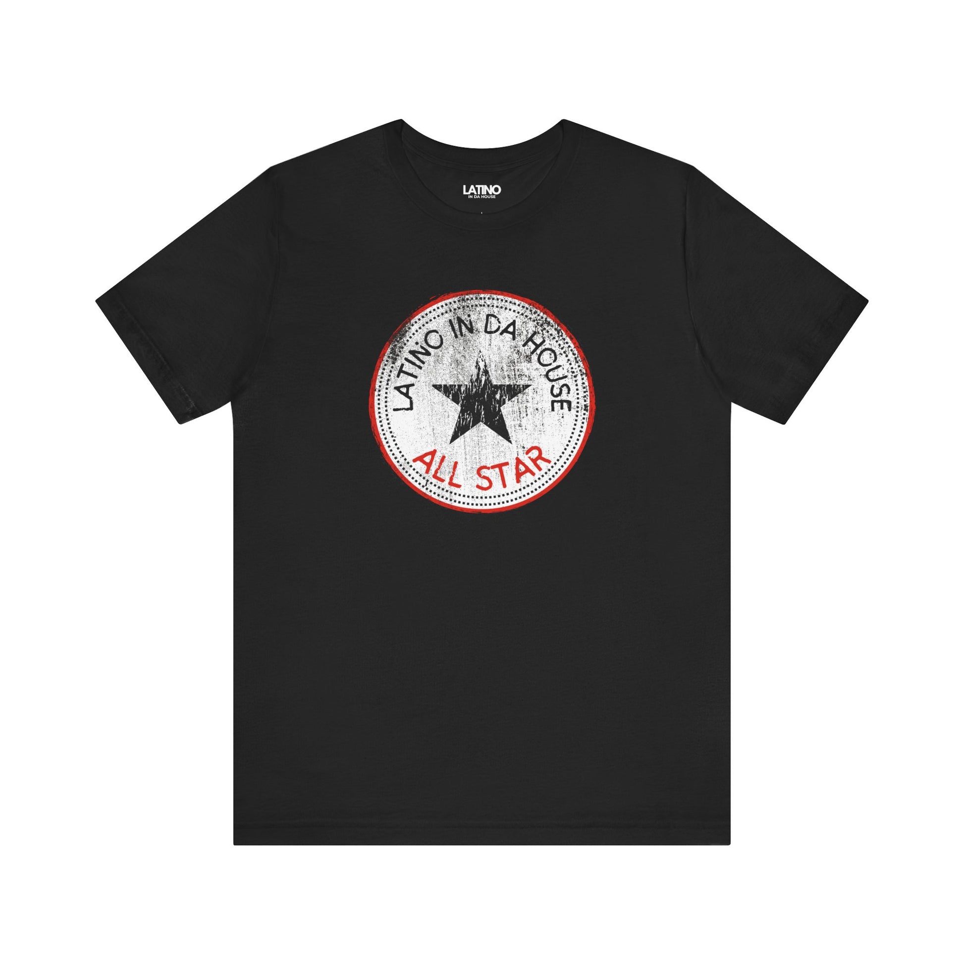 Black t-shirt with a red and white logo on a white background Latino In Da House All Star