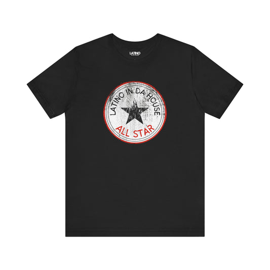 Black t-shirt with a red and white logo on a white background Latino In Da House All Star