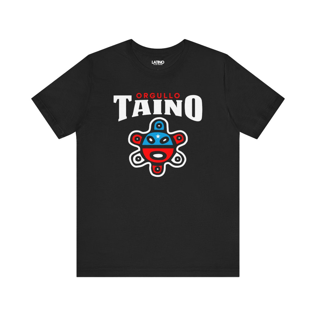 Black t-shirt with 'Orgullo Taino' design on a white background