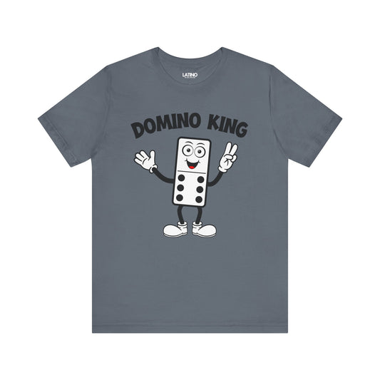 A gray t-shirt with a graphic print of a smiling cartoon domino piece with the text 'DOMINO KING' on the front.