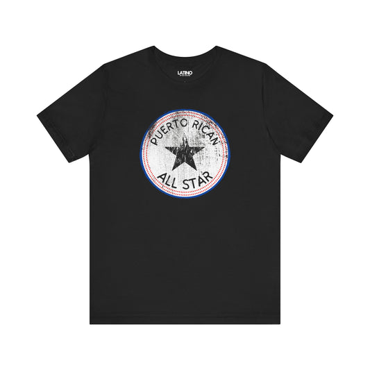 Black crew neck t-shirt with the text 'Puerto Rican All Star' and a star symbol in the center, using white and red colors.