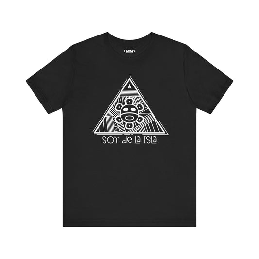 Black crew neck t-shirt with a detailed white triangle design in the center, featuring Taño symbols and the phrase 'SOY DE LA IZA'.