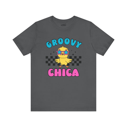 Gray t-shirt with a cartoon chick and text 'Groovy Chica' on a gray background