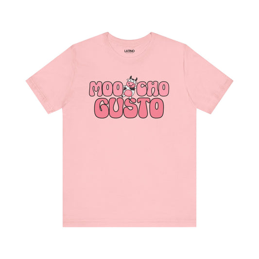 Pink t-shirt with 'Moo Cho Gusto' text and logo on a white background