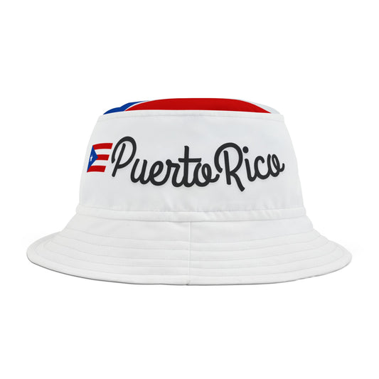 A white bucket hat with the Puerto Rican flag design, featuring red, white, and blue colors and the text 'Puerto Rico'.