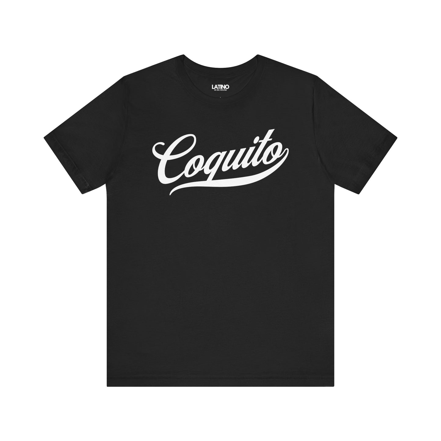 A black crew neck t-shirt with the word 'Coquito' printed in a large, elegant white script on the front.