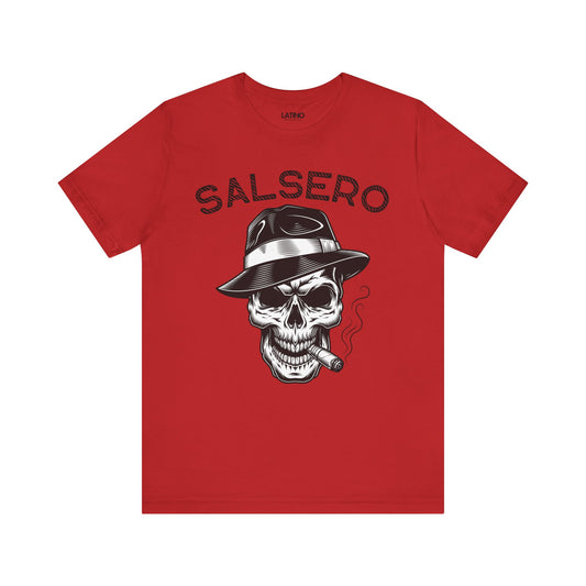 A red t-shirt with a graphic of a skull wearing a fedora and smoking a cigar, along with the text 'SALSERO'.