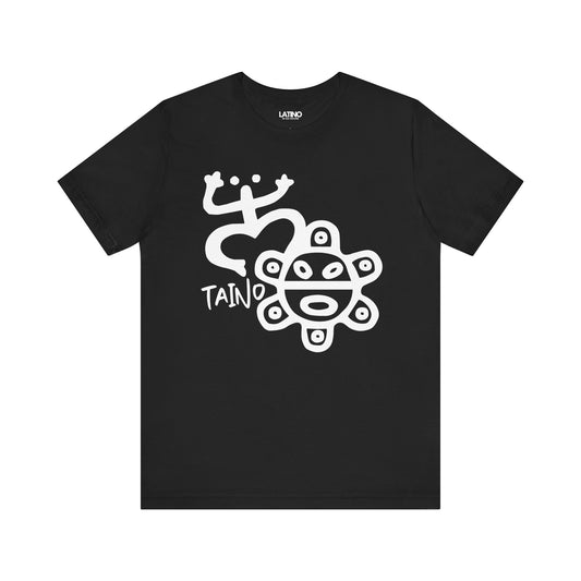 Black T-shirt with white high-resolution graphic of traditional Taíno petroglyphs including the coquí frog and sun symbols.