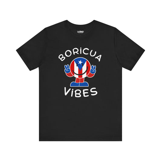 Black crew neck t-shirt with a graphic of a cartoon smiley character in the colors of the Puerto Rican flag, with text 'BORICUA VIBES'.