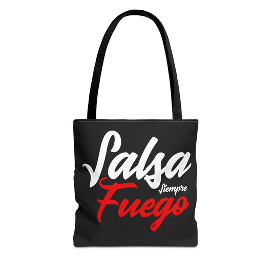 A black tote bag with the text 'Salsa Siempre Fuego' printed in white and red on the side.