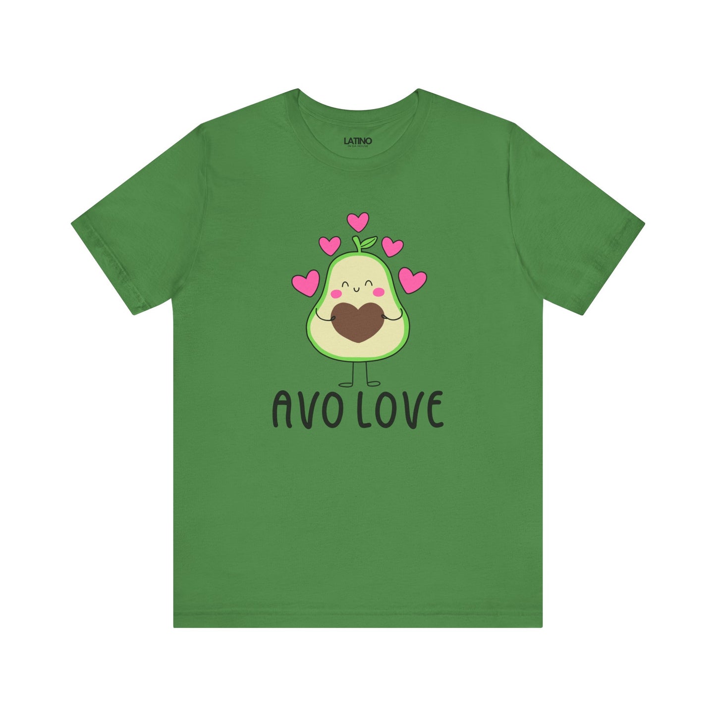 Green t-shirt with avocado graphic and 'AVO LOVE' text on a white background