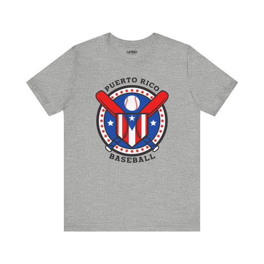 A gray t-shirt featuring a graphic of two crossed baseball bats, a baseball, and the Puerto Rican flag with the text 'PUERTO RICO BASEBALL'.