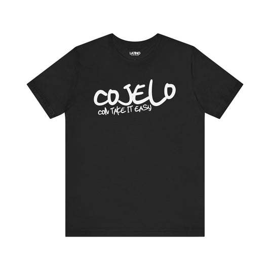 Black crew neck t-shirt with the text 'COJELO CON TAKE IT EASY' printed in white.