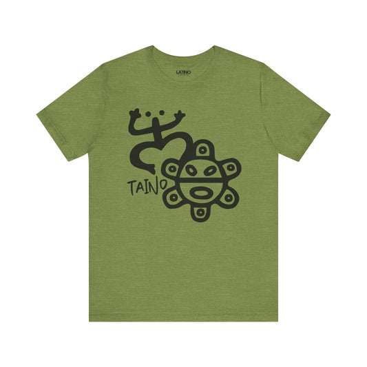Green heather T-shirt with black Taíno petroglyphs of the sun and the coqui frog.