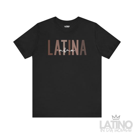 Afro Latina T-Shirt with bold brown text on black background – Latino In Da House
