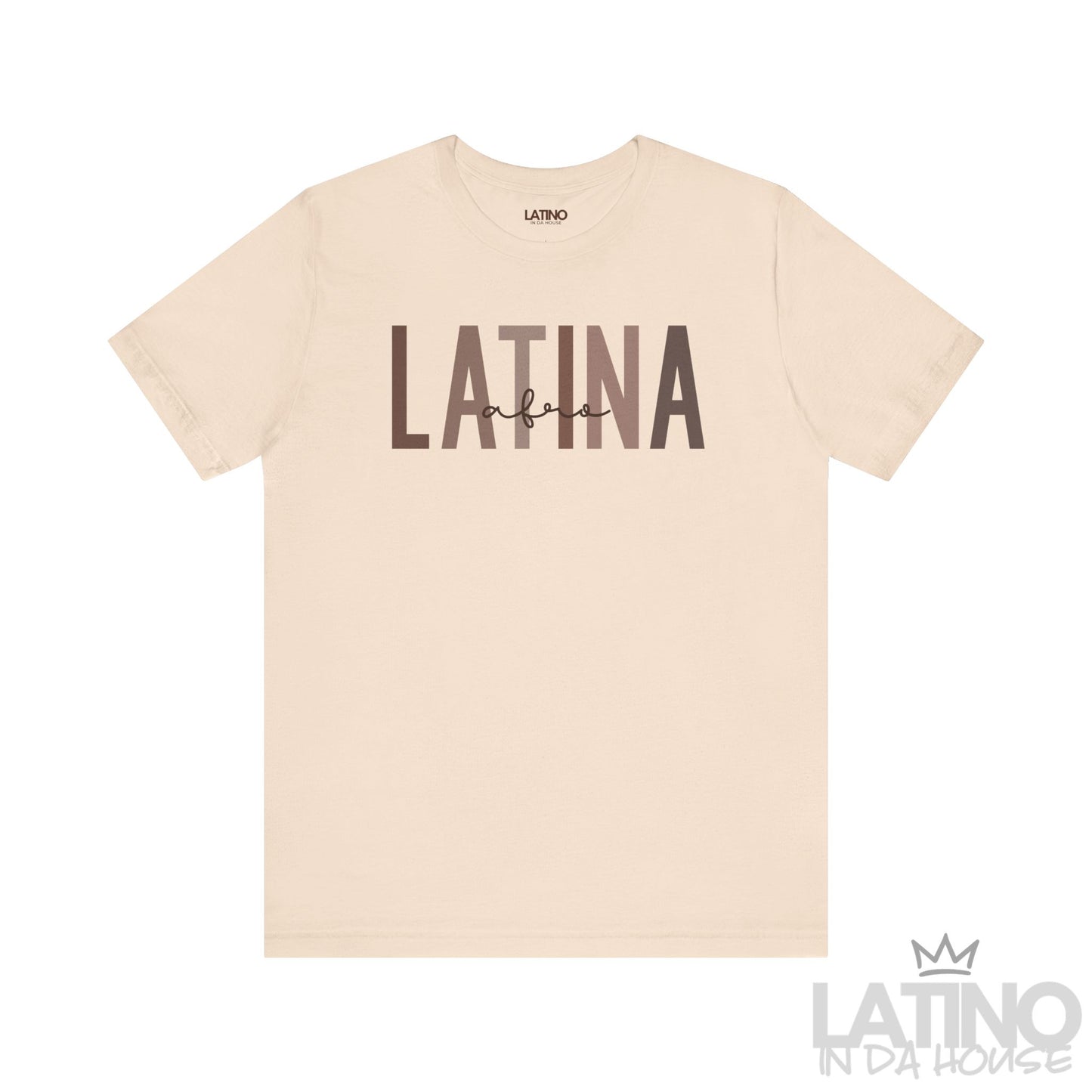 Afro Latina T-Shirt with bold brown text on soft cream background – Latino In Da House