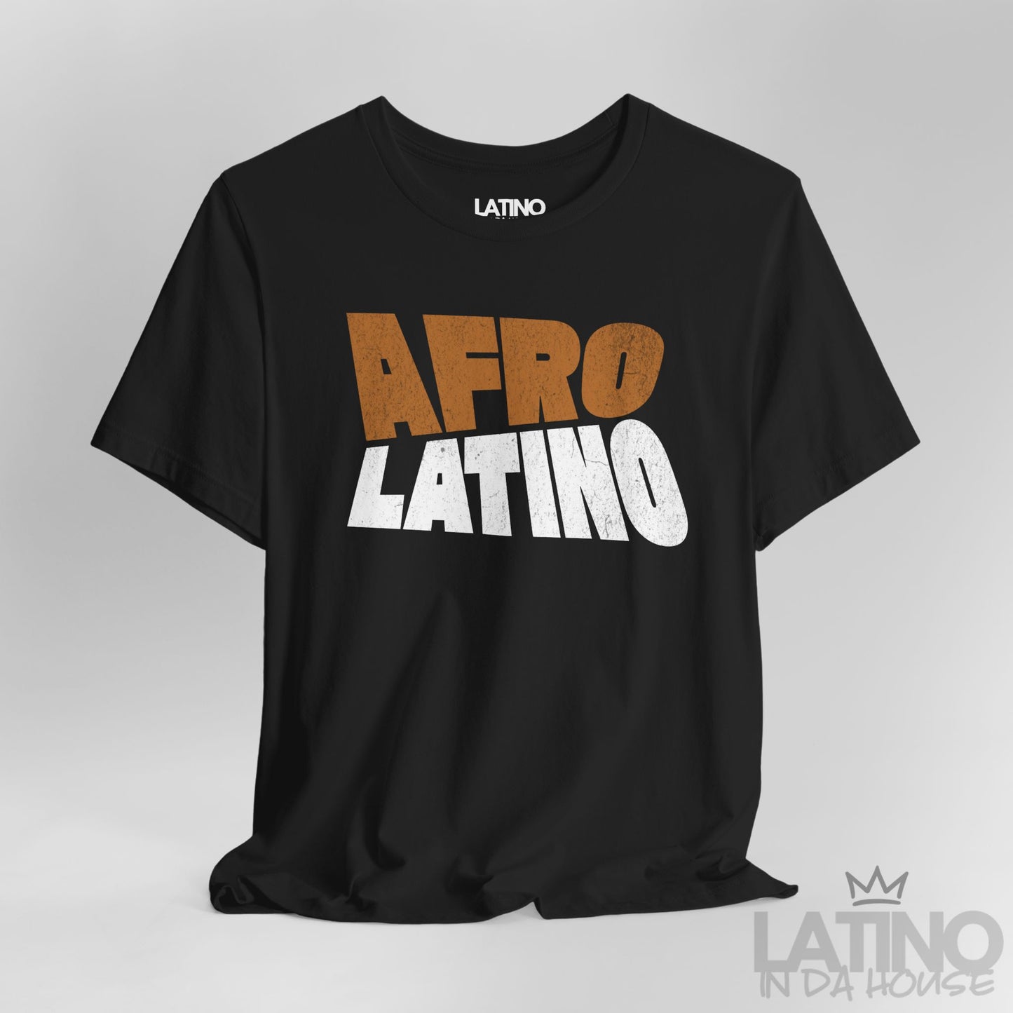 Close Up Black Afro Latino T-Shirt with bold distressed text design. Latino In Da House