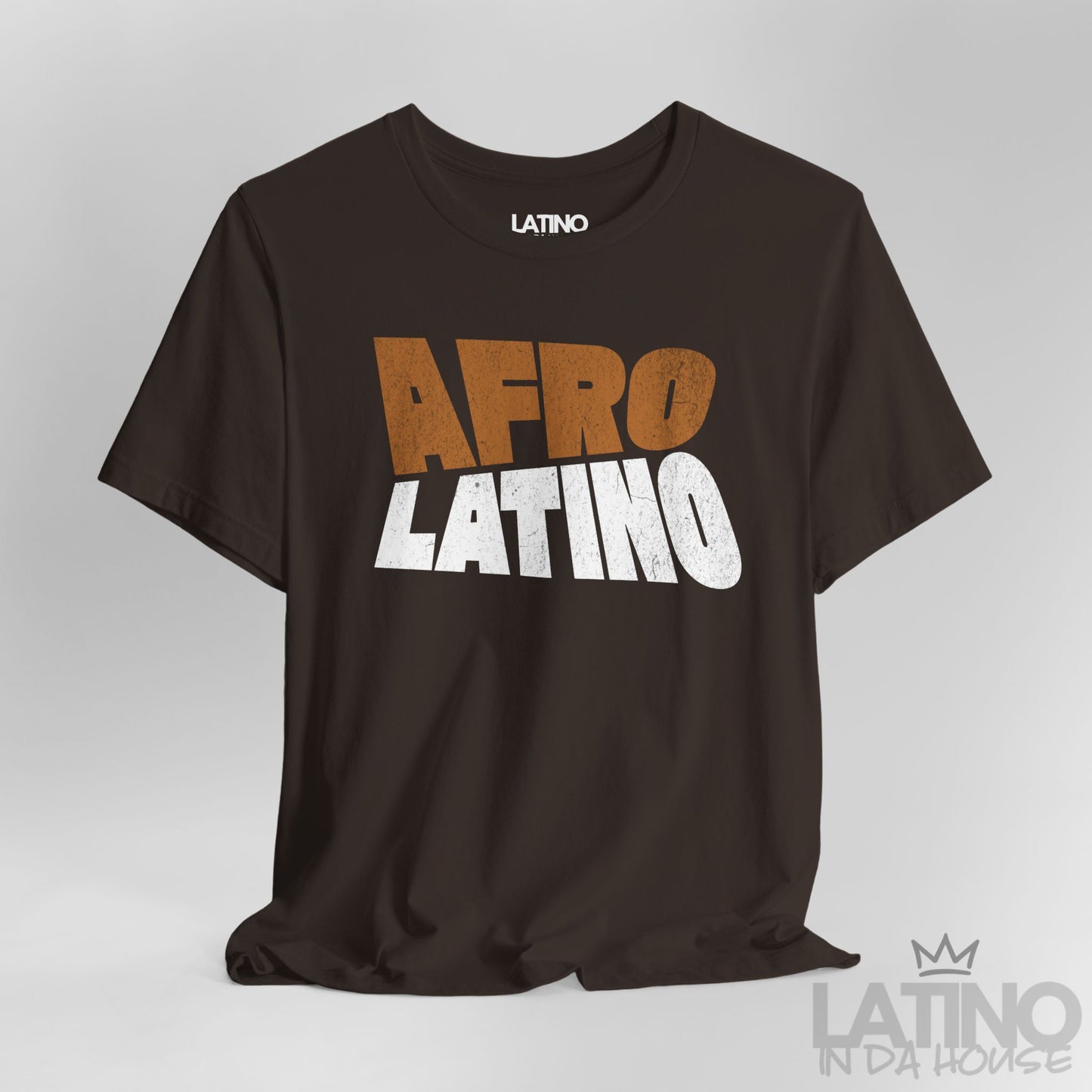 Close Up Brown Afro Latino T-Shirt with bold distressed text design. Latino In Da House