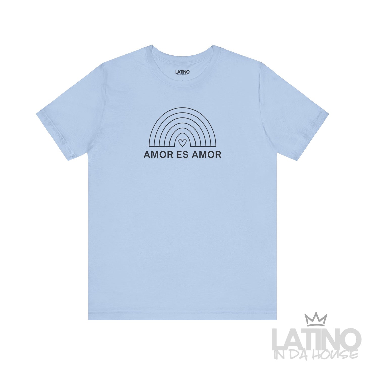 Baby blue Amor Es Amor T-shirt with simple rainbow outline design and heart center. Latino In Da House