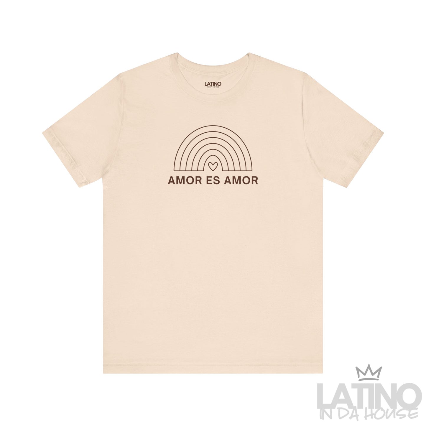Soft cream Amor Es Amor T-shirt featuring rainbow line design and love is love message. Latino In Da House