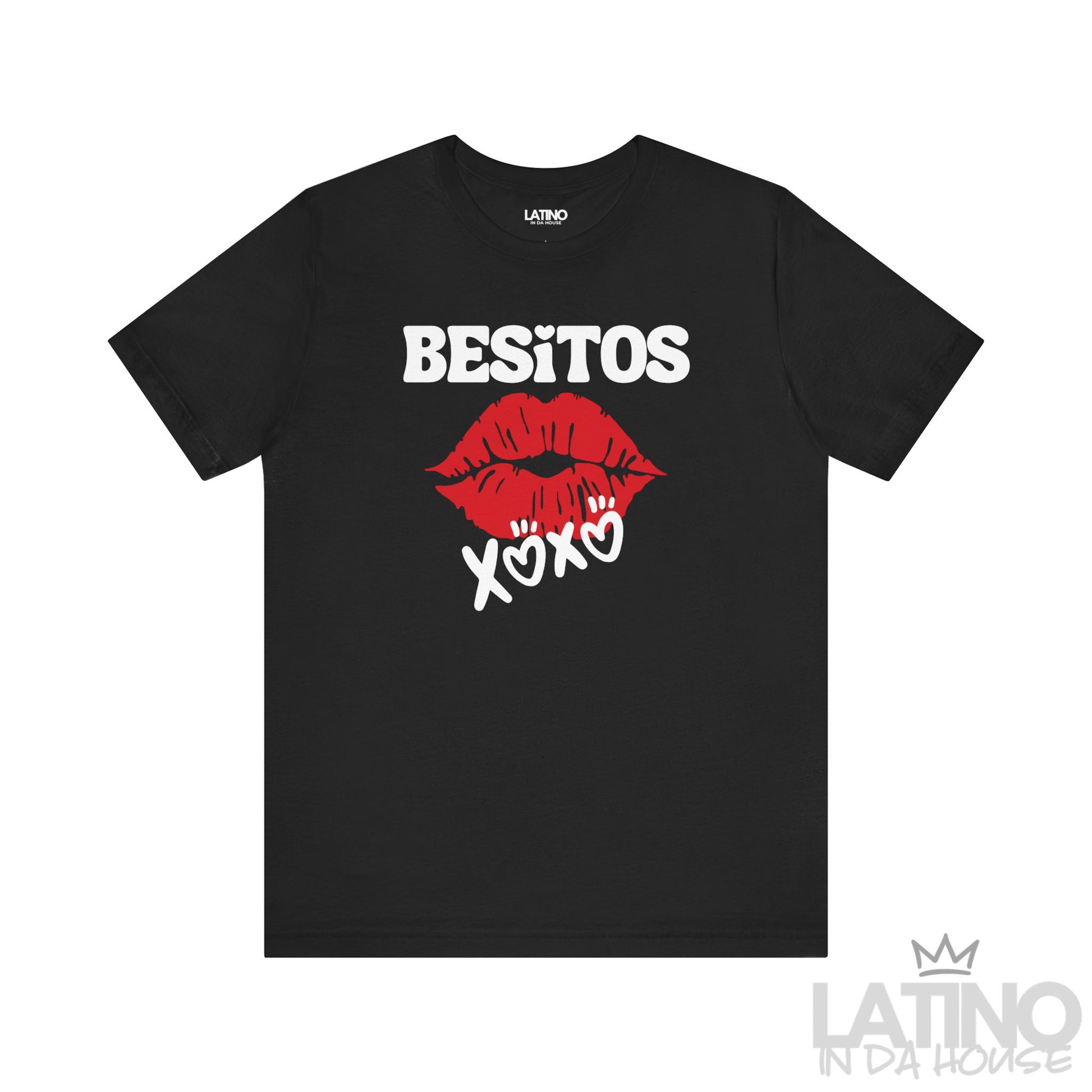 Black Besitos XOXO T-Shirt with red lips and bold Latino design. Latino In Da House
