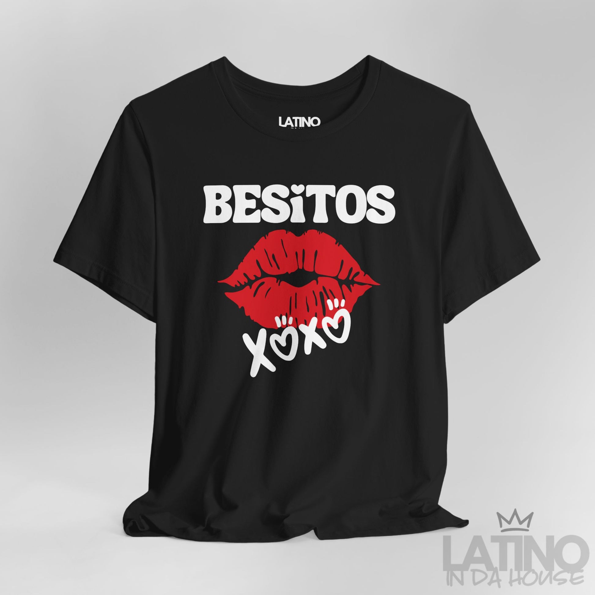 Close up of black Besitos XOXO T-Shirt with red lips graphic. Latino In Da House