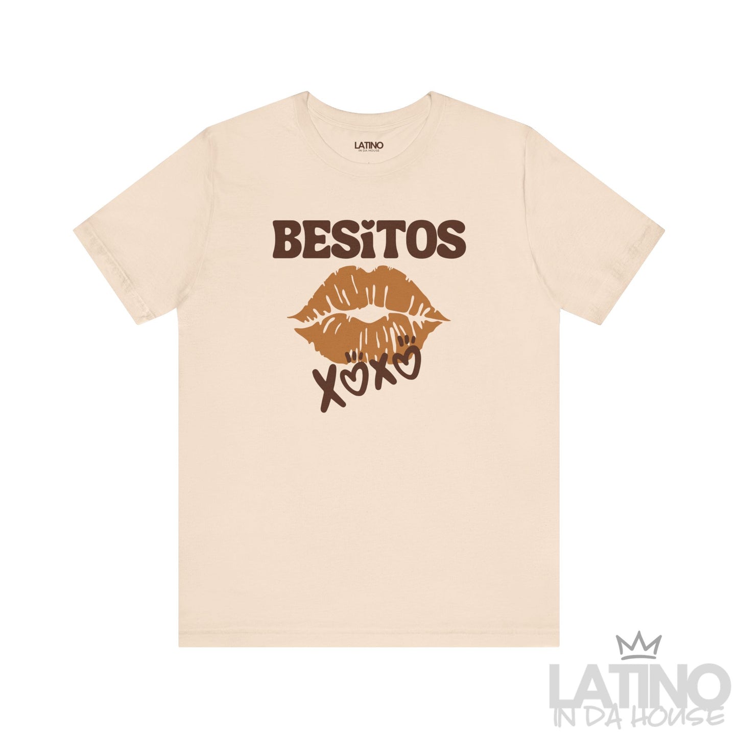 Soft cream Besitos XOXO T-Shirt with brown lips and bold Latino design. Latino In Da House