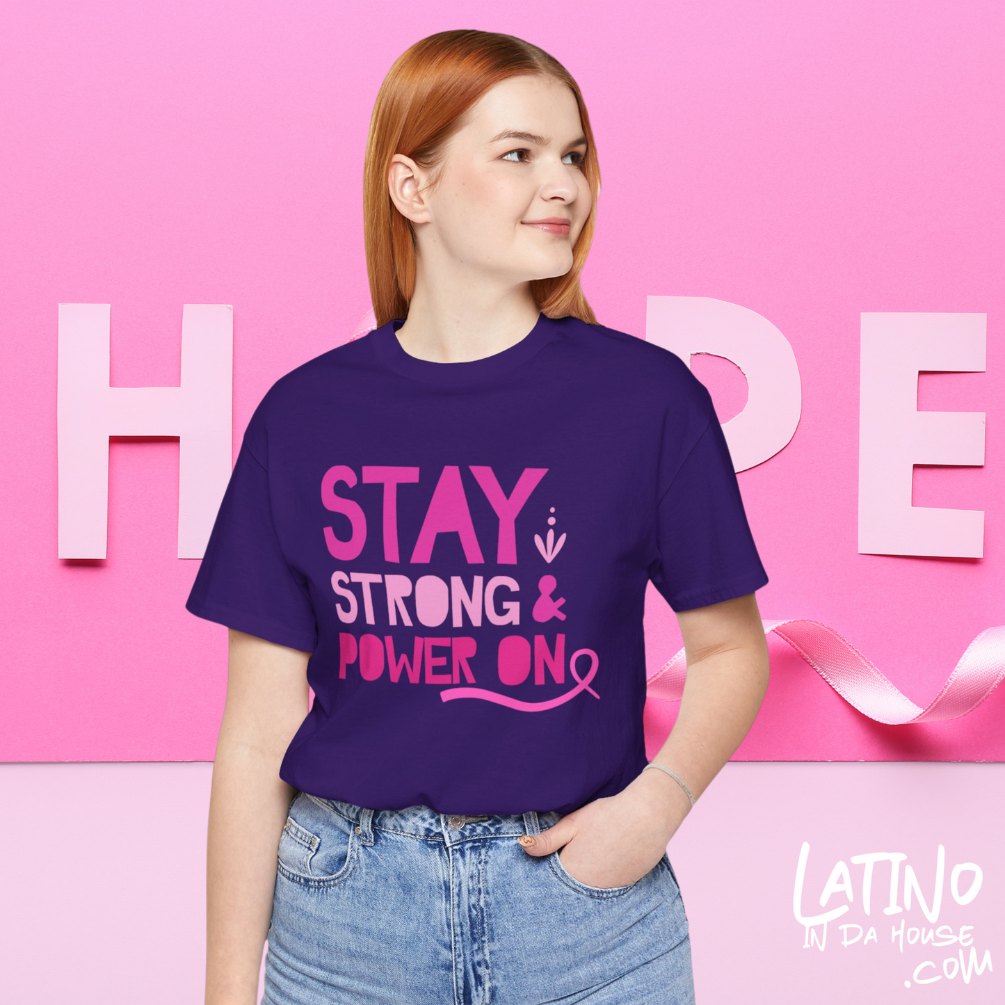 "Stay Strong & Power On" Breast Cancer Awareness T-Shirt