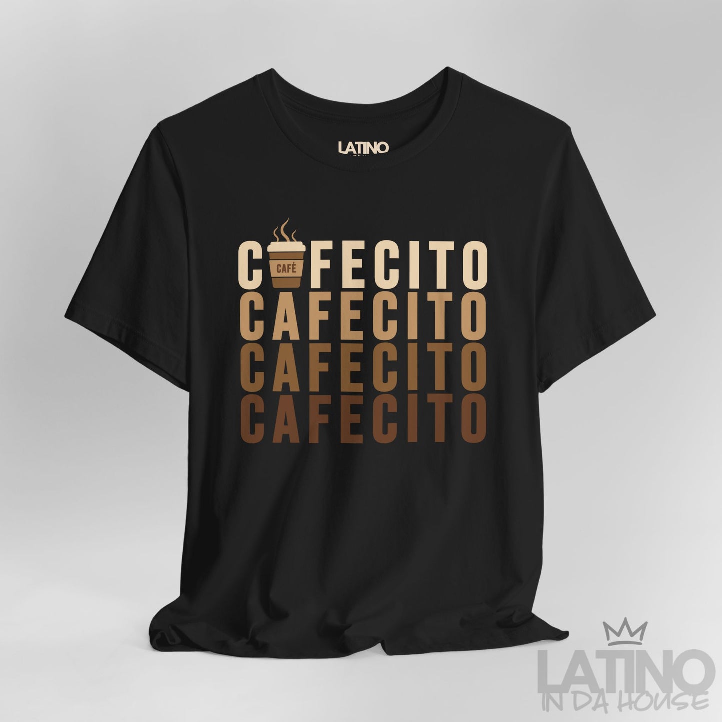 Close up of Cafecito Repeat T-Shirt in black with café cup design