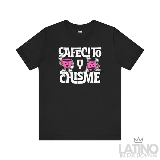 Cafecito y Chisme T-Shirt in black with pink cartoon coffee cups and bold white text – Latino In Da House